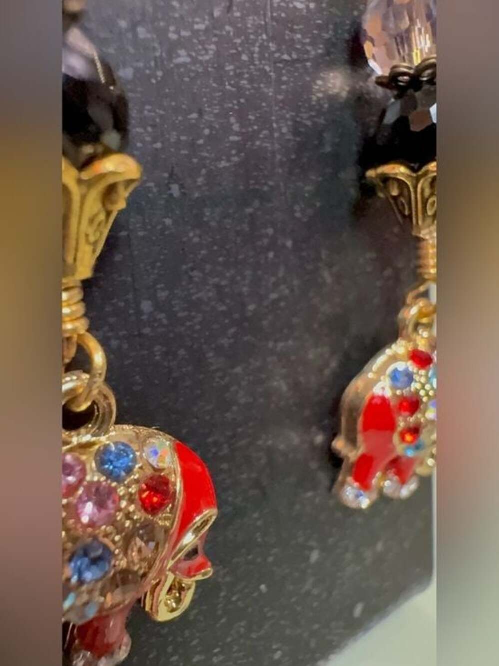 Artisan Red Elephant Hand Wrapped Crystals 14K Gold Ear Wire Earrings - Picture 5 of 6